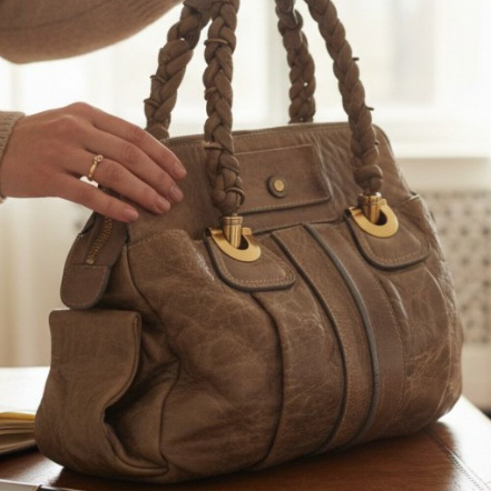 Chloé Heloise Brown Pebbled Leather Satchel Boho Luxe Designer Bag - Picture 3 of 11